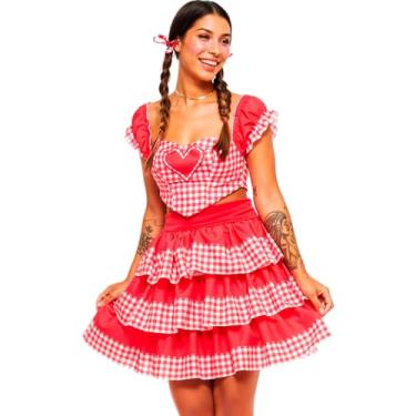 Imagem de Roupa Festa Junina Adulta Feminina Conjunto Jurema Xadrez Vermelho Top e Saia Rodada (Vermelho, GG 46-48)