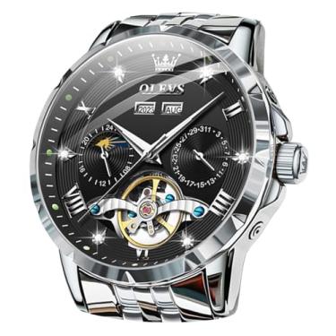Imagem de OLEVS Relógios de pulso masculinos automáticos automáticos mecânicos luxuosos de aço inoxidável à prova d'água para homens, 6691: pulseira prata e mostrador preto