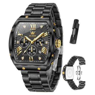 Imagem de Relógios Masculinos em Aço Inoxidável Tonneau Relógio Social Masculino com Data Mostrador Grande Cronógrafo À Prova d'Água Relógio de Luxo e Moderno Ouro Preto 5639