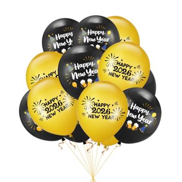 Imagem de Balões Feliz Ano Novo 2026 Látex preto e dourado de 12 polegadas x10