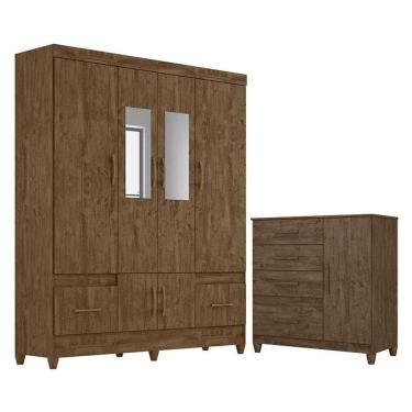 Imagem de Guarda Roupa Casal Ms912 Com Espelho E Cômoda Vênus Com Pés Castanho Wood - Moval