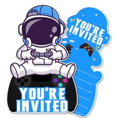 Imagem de QYCFDXD Conjunto de 20 cartões de convites de aniversário para crianças astronauta com envelopes convites de festa de aniversário de videogame para meninos convites de festa dupla face