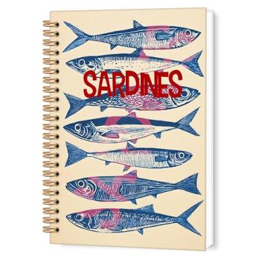 Imagem de TWRVI Caderno espiral de peixe do oceano sardinhas, vintage, retrô, sardinha, pautado, universitário, material escolar, escritório, presentes de pesca, cadernos de diário, 14 x 8,7 cm, 164 páginas