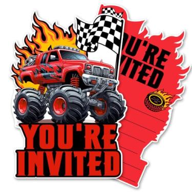 Imagem de QYCFDXD Convites de festa temáticos Monster Truck com envelopes, conjunto de 20 convites em forma de caminhão monstro aniversário chá de bebê convites suprimentos lembrancinhas, dupla face (vermelho)