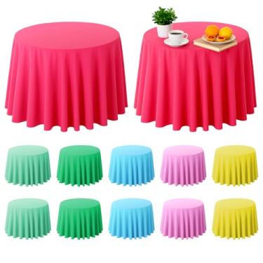 Imagem de Falzqq Toalha de mesa redonda colorida, 12 peças, toalha de mesa redonda de plástico de 213 cm, descartável, cores sortidas, capas de mesa decorativas para festas, aniversários, casamentos, festivais