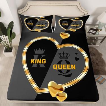Imagem de Jogo de lençol Queen com coroa de rei e rainha, romântico, dourado, branco, coração amoroso, casal amado, cinza e preto, para decoração de quarto de adultos, homens e mulheres