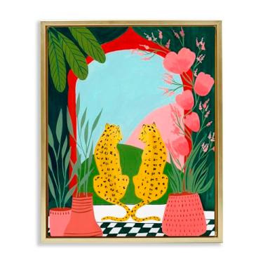 Imagem de Stupell Industries Arte de parede em tela flutuante em ouro com estampa de leopardo gêmeo e plantas, design de Nabeela Rumi, 53 x 43 cm