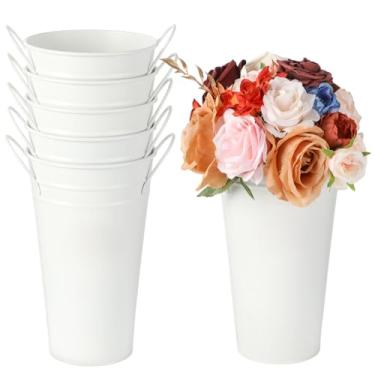 Imagem de Baldes de flores de metal branco de 19 cm com alças, 6 peças de vasos rústicos de fazenda, vasos de metal galvanizado para decoração de casa, mesa de casamento centro de mesa
