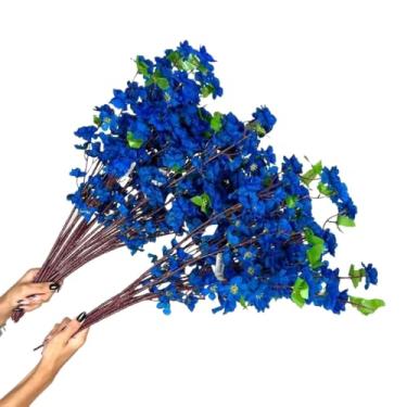 Imagem de Kit 10 a 40 Hastes De Flores De Cerejeira Artificial 65cm Flor Pessegueiro Estilo Oriental Para Decoração (20,Azul Escuro)
