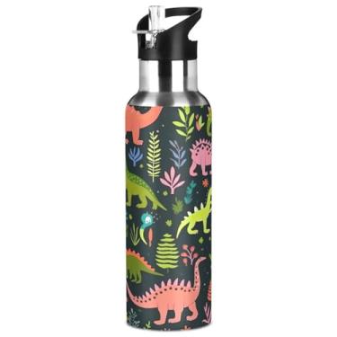Imagem de ATTX Garrafa de água de aço inoxidável com canudo de desenho animado colorido de dinossauros, 947 ml, sem BPA, para academia, trabalho, atividades ao ar livre e viagens #408