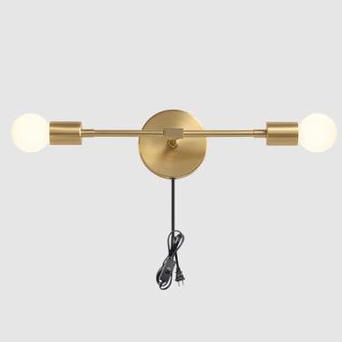 Imagem de Arandela de parede minimalista de latão, estilo moderno de meados do século XX, com 2 lâmpadas, da Modo Lighting, ideal para quarto ou penteadeira.