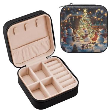 Imagem de Wassud Happy Snowmen Estojo de joias de viagem para mulheres, meninas, senhoras, noiva, mini organizador de joias de couro PU, caixa quadrada de armazenamento de joias para brincos, anéis, colar e