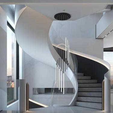 Imagem de Lustre moderno de LED com 18 lâmpadas LED agrupadas, dimerizável, para tetos altos, ideal para lofts, casas de campo, salas de estar, escadas e halls de entrada. Cor: Preto.