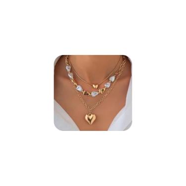 Imagem de Colar com pingente de coração geométrico de ouro grosso para mulheres, berloque boho em camadas, prata, irregular, amor, colar, moderno, oceano, baile, festa, joias, presentes, Large, Zinco, Sem Pedra