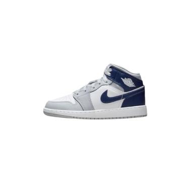 Imagem de Jordan Big Kid's 1 Mid White/Midnight Navy Wolf Grey (DQ8423 104), Branco/cinza-lobo azul marinho meia-noite, 19