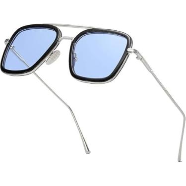 Imagem de Aisswzbtder Tony Stark Óculos de sol vintage quadrado armação de metal para homens e mulheres - Óculos de sol vintage Homem de Ferro e Homem-Aranha, Azul dégradé, Gradient Blue