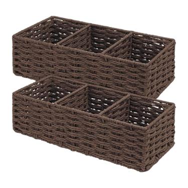 Imagem de Cesta de vime de alga marinha para vaso sanitário, organizador de banheiro tecido à mão com 3 compartimentos para papel higiênico, almofadas e acessórios (2, nozes)