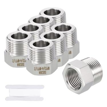 Imagem de Rebower Pacote com 8 adaptadores macho para FeMale de aço inoxidável 304, NPT macho de 3/10.2 cm x 1/5.1 cm FeMale NPT redutor de bucha sextavada com fita de vedação para industrial, fluido