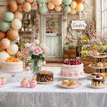 Imagem de Pano de fundo de foto de primavera feliz páscoa 3 x 2,3 m, decorações de festa, ovos de páscoa de primavera, balões florais, portas de madeira, cenários para fotografia, plano de fundo, faixa de fotos