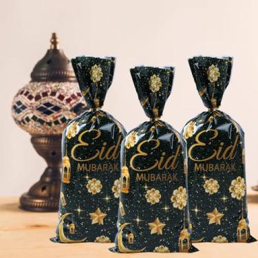 Imagem de 25 peças de sacos de celofane Eid Mubarak, desenhos de lanterna dourada preta, sacos transparentes com laços torcidos, saco de doces Ramadan Kareem para presentes infantis, lembrancinhas de festa
