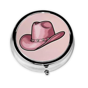 Imagem de LANJINDENG Organizador de comprimidos de metal – Mini estojo redondo de 3 compartimentos para bolso e bolsa, suporte portátil de vitaminas, design fácil de abrir para viagens - chapéu de cowboy rosa