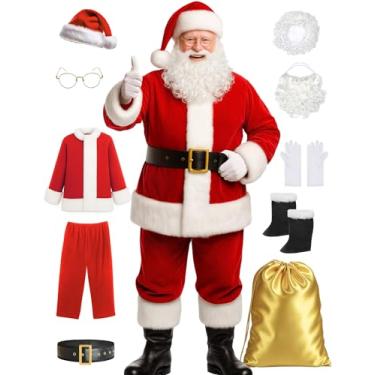 Imagem de Wabolay Fantasia de Papai Noel para homens, terno de Papai Noel, adulto, 11 peças, roupa profissional de veludo vermelho para cosplay, Vermelho, P