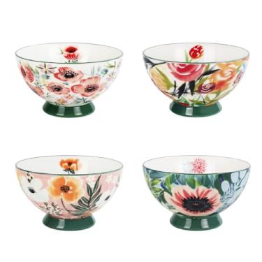Imagem de jinsongdafa Conjunto de tigelas de cerâmica de quatro peças: Tigelas de cerâmica florais pintadas à mão com linhas verticais em relevo, hastes altas para evitar queimaduras, adequadas para sopas