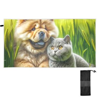 Imagem de TSENQUE Toalha de praia estética à prova de areia fofa chow chow cachorro gato toalhas de praia extragrande toalha de praia de viagem de secagem rápida essenciais de verão para mulheres 180 x 79