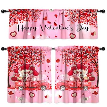 Imagem de Cortinas de cozinha para Dia dos Namorados, decorações para casa, dia dos namorados, cortinas de janela com bolso para varão, conjunto de camadas e saia para dia dos namorados, 137 x 45 cm, saia de 68