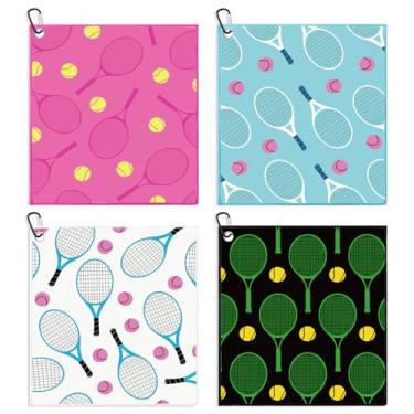 Imagem de JarThenaAMCS 4 peças de toalhas de tênis com mosquetão rosa azul branco preto bola de tênis raquete absorvente toalhas de suor de mão para esportes de equipe acessórios de secagem rápida, 38 x 43