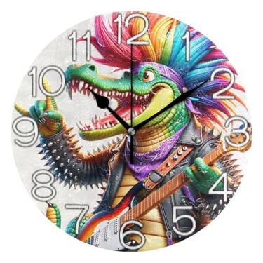 Imagem de GAIGEO Relógio de parede analógico decorativo relógio de cozinha rústico operado por bateria silencioso, decoração de parede vintage, sala de estar, jacaré de desenho animado divertido colorido, 25 cm
