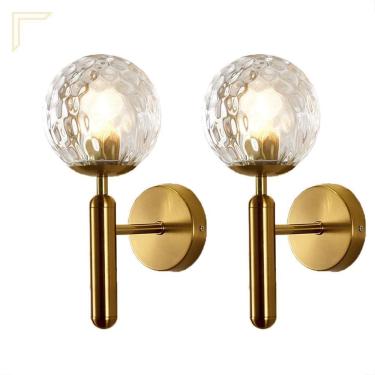 Imagem de 2 Arandela Cabeceira Dourada Bola Vidro Ondulado Lup57