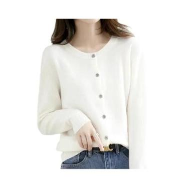 Imagem de Suéter Cardigan Feminino De Gola Redonda, Ajuste Solto, Cor Sólida, To