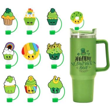 Imagem de 10 peças de tampas de palha de Dia de São Patrício lindos topos de palha verdes de 10 mm capas protetoras de canudos de silicone para 30 copos de 1,134 g, canudos, decoração de festa