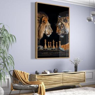 Imagem de Quadro Disputa Xadrez Entre Leão E Tigre - HP, 40x60cm, Amadeirado cla