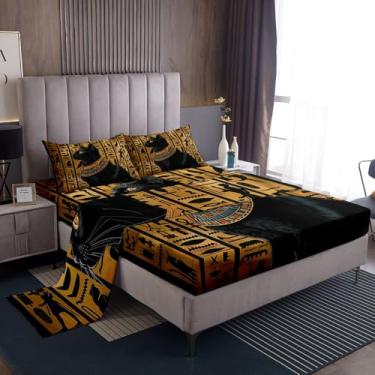 Imagem de Jogo de lençol King de gato egípcio tribal antigo para crianças, meninos, meninas, adolescentes e adultos, lençol de cima vintage estilo tribal