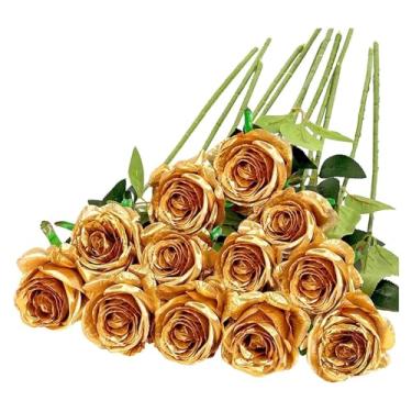 Imagem de 12 peças de buquê de rosas artificiais realistas para casamentos, aniversários e muito mais para arranjos florais e decoração de casa flor artificial (ouro)