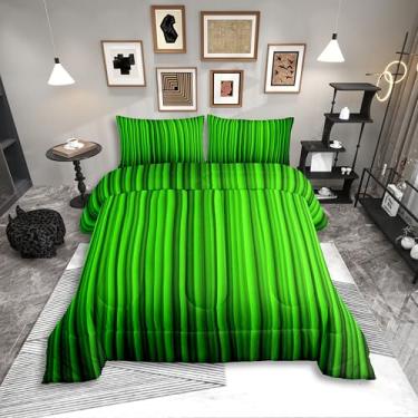 Imagem de Erosebridal Conjunto de edredom com estampa abstrata, tamanho Queen, 3D, primavera, para homens e mulheres, adultos, listras, geométricas, moderno, preto, verde, edredom quente e macio