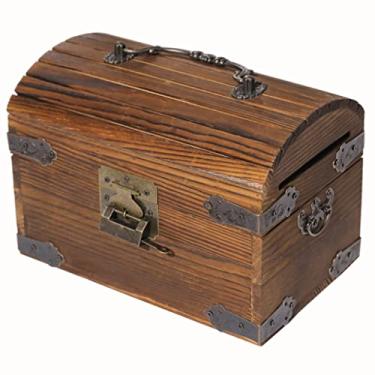 Imagem de Cofrinho mealheiro para meninos cofrinho de madeira maciça com cadeado, baú de tesouro criativo vintage, cofre de moedas com gravação minimalista, duas formas (cor: arqueado, tamanho: 20 * 12 * 14 cm)