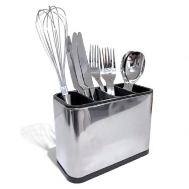 Imagem de Organizador de Talheres em Aço Inox 4 Divisórias - Escorredor para Cozinha, Porta Talheres Resistente, Acabamento Prateado e Preto