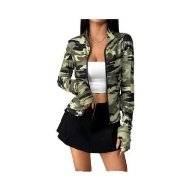 Imagem de Casaco Feminino Camuflado Com Gola Alta, Manga Longa, Estampa, Moda St