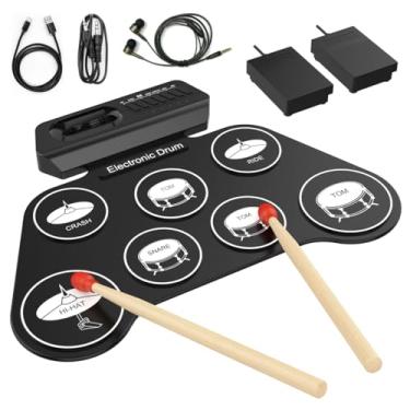 Imagem de AiJoy Bateria eletrônica portátil para crianças – 7 blocos, alto-falante embutido, kit de bateria recarregável com modo de fone de ouvido e músicas de demonstração – Presente ideal para iniciantes e