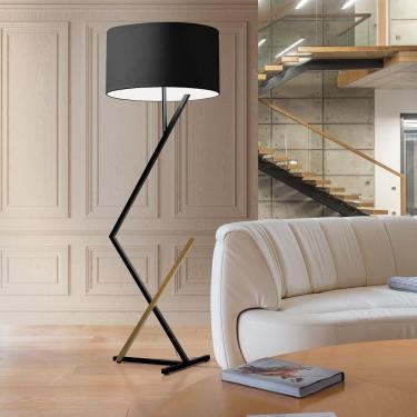 Imagem de Luminária Abajur De Chão Bali Cúpula Cilíndrica Pedestal Piso Cor:preto/dourado/preto