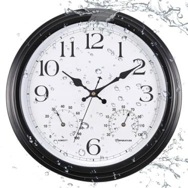 Imagem de Vigorwise Relógio de parede externo de 38 cm, relógio de parede impermeável de metal com temperatura e umidade, relógios externos grandes resistentes à água, relógios de parede silenciosos para pátio