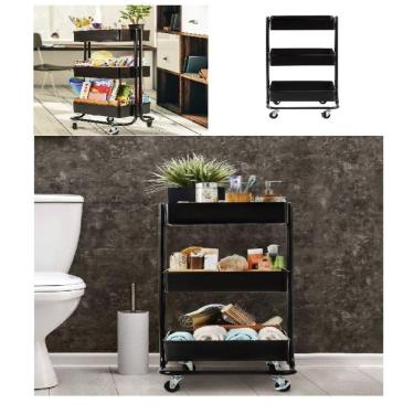 Imagem de Carrinho Multiuso Organizadora 3 Prateleiras Em Aço Preta Quarto Sala Brinquedos Salao Manicure Varanda