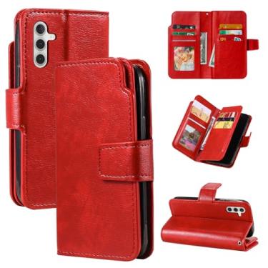 Imagem de Capa carteira para Samsung Galaxy A55, capa flip de couro com 9 compartimentos para cartão, suporte integrado e bolso para dinheiro | Compatível com Samsung Galaxy A55, vermelho