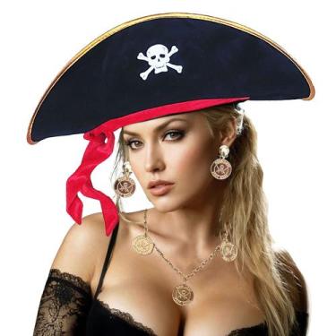 Imagem de Kit Acessório Fantasia Festa Carnaval Pirata Feminino: Chapéu + Colar 