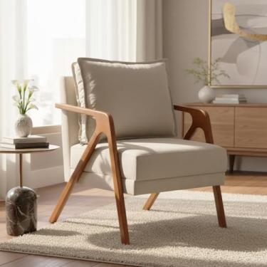 Imagem de Poltrona Para Sala Decorativa Shine Cadeira Reforçada Para Recepção Manicure Sala De Espera Consultório Escritório Confortável Em Madeira Maciça Castanho Suede Cores (Bege)