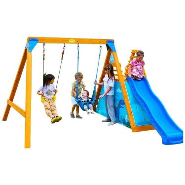 Imagem de Playground Infantil de Madeira com Escorregador de Ondas, 2 Balanços e Parede de Escalada, SuniBoxi, Amarelo e Azul