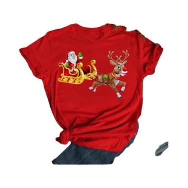 Imagem de Camiseta Feminina De Natal Com Estampa De Rena E Papai Noel, Gola O, E